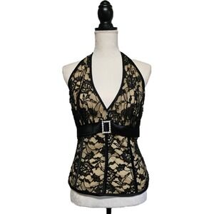 Vintage 90s Cache Black Lace Babydoll Halter Top Sz L Fairy Grunge Vamp